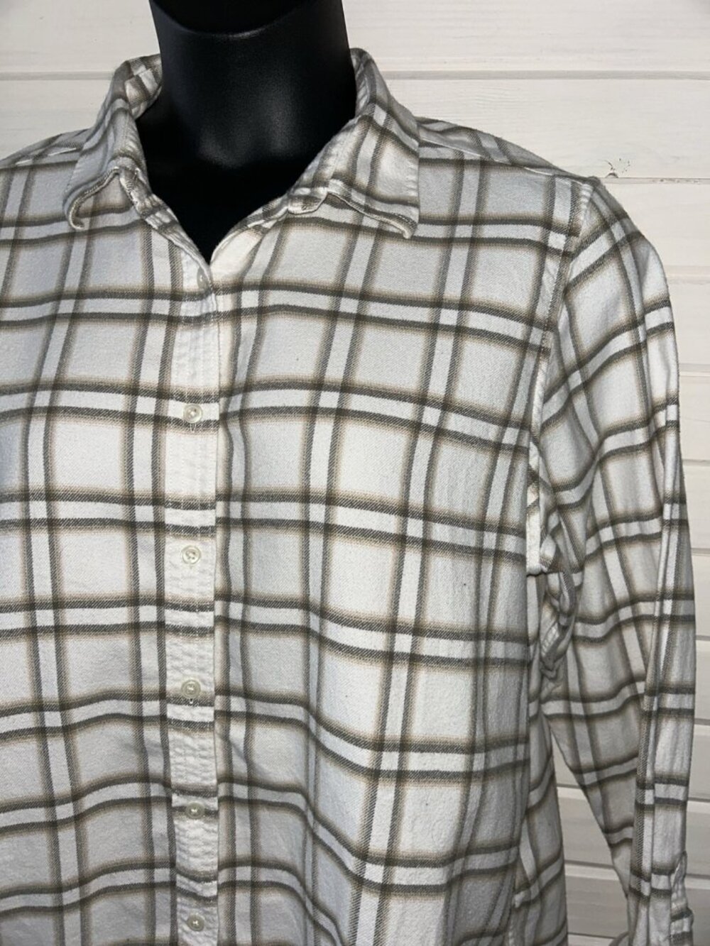 Lands' End Sz 18 Ivory Brushed Flannel Plaid L/S Tunic Shirt Blouse